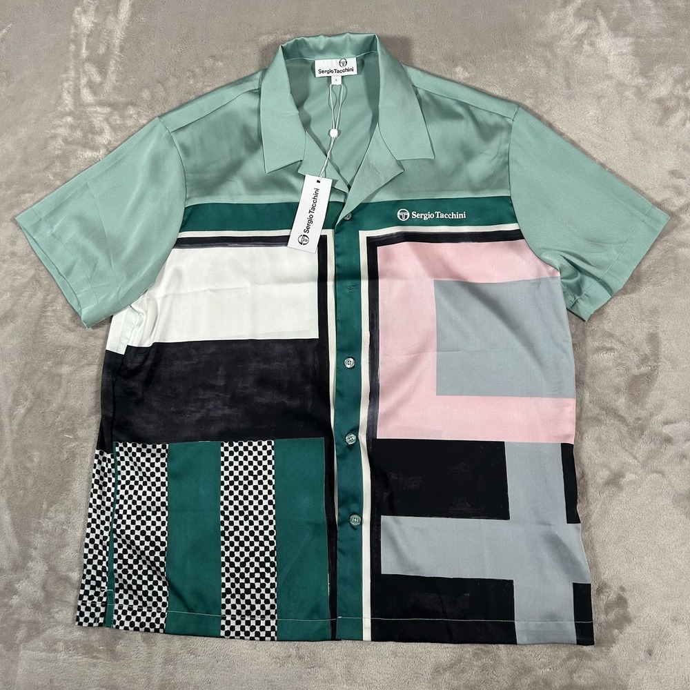 Sergio Tacchini Gandolfo Shirt Mens L Green Patchwork Button Up STS22M50260-546